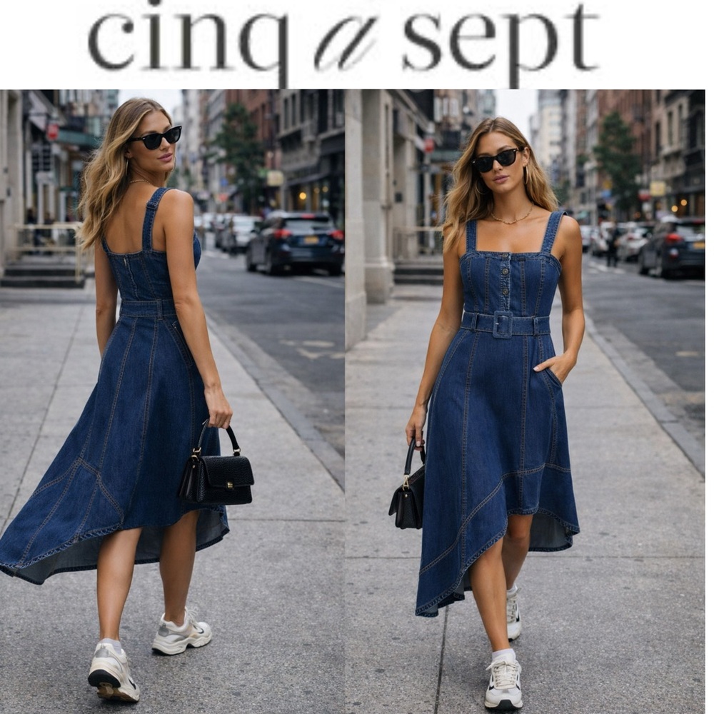 $495 cinq a sept Larsa Belted Sleeveless Asymmetric Denim Midi Dress size 6
